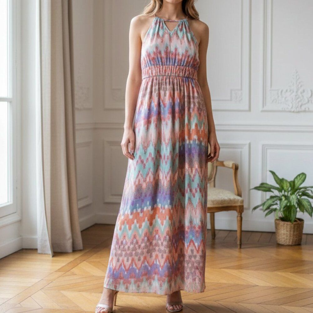 Maurices Pastel Colorful Halter Maxi Dress Silver Accent Slit Size Medium